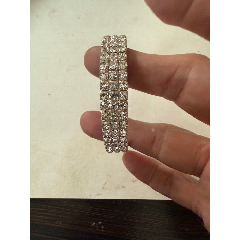Vintage Silver Tone 3 Row Rhinestone Stretch Tennis Bracelet ClearCrystal Bridal